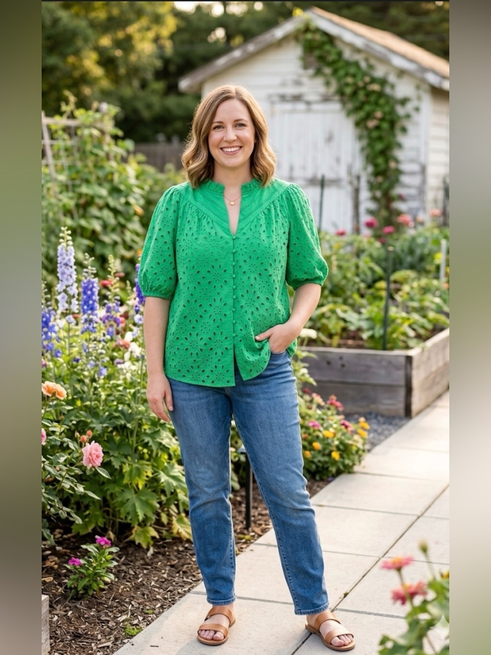 PRETTYGARDEN Green Eyelet Lace Puff Sleeve Blouse NWT XXL Boho Ruffle Neck - Picture 2 of 11